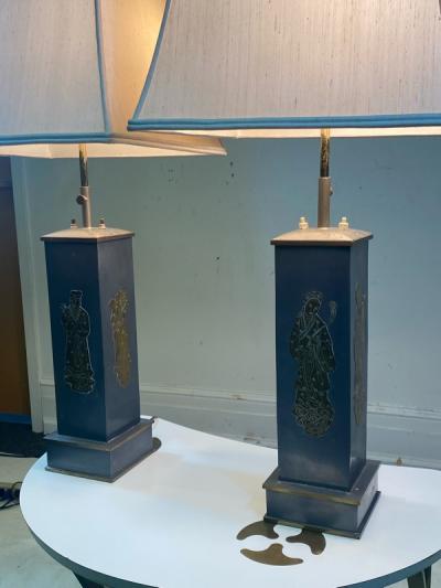 William Billy Haines 1940s PAIR OF ASIAN THEMED PEWTER AND BRASS LAMPS