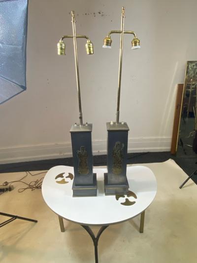 William Billy Haines 1940s PAIR OF ASIAN THEMED PEWTER AND BRASS LAMPS