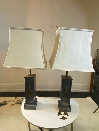 William Billy Haines 1940s PAIR OF ASIAN THEMED PEWTER AND BRASS LAMPS