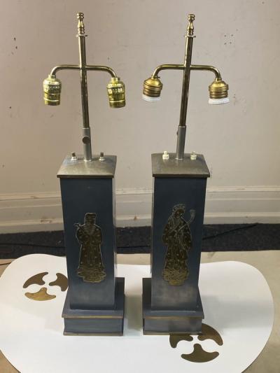 William Billy Haines 1940s PAIR OF ASIAN THEMED PEWTER AND BRASS LAMPS