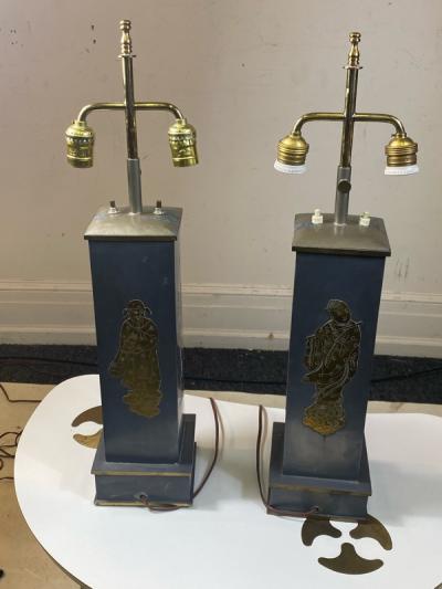 William Billy Haines 1940s PAIR OF ASIAN THEMED PEWTER AND BRASS LAMPS
