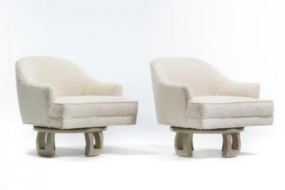 William Billy Haines Billy Haines Hollywood Regency Mahogany Swivel Lounge Chairs in Cream Boucl 