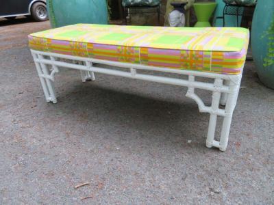 William Billy Haines Fabulous Mod White Faux Bamboo Wood Pucci Style Upholstered Bench Hollywood Glam
