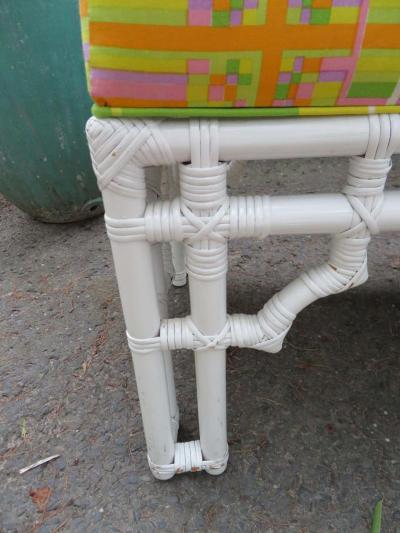 William Billy Haines Fabulous Mod White Faux Bamboo Wood Pucci Style Upholstered Bench Hollywood Glam