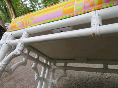 William Billy Haines Fabulous Mod White Faux Bamboo Wood Pucci Style Upholstered Bench Hollywood Glam