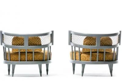 William Billy Haines Hollywood Regency Slipper Chairs of Walnut and Brass in Italian Cut Velvet