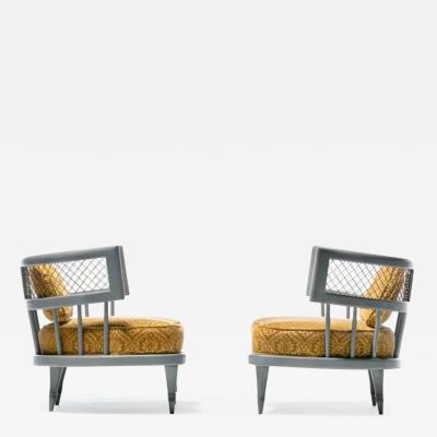 William Billy Haines Hollywood Regency Slipper Chairs of Walnut and Brass in Italian Cut Velvet