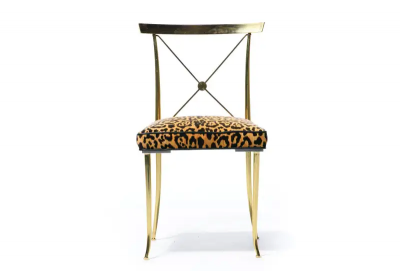 William Billy Haines Pair of Billy Haines Brass Neoclassical Side Chairs in Leopard Velvet Leather