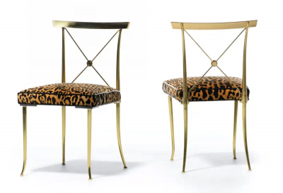 William Billy Haines Pair of Billy Haines Brass Neoclassical Side Chairs in Leopard Velvet Leather