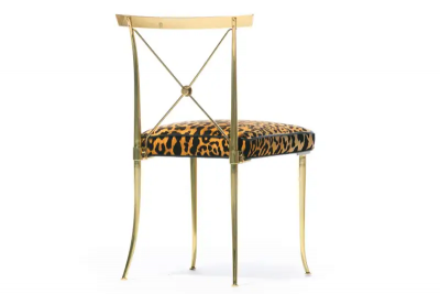 William Billy Haines Pair of Billy Haines Brass Neoclassical Side Chairs in Leopard Velvet Leather