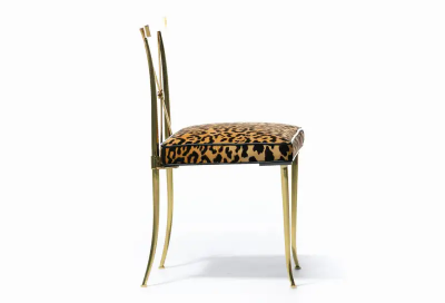 William Billy Haines Pair of Billy Haines Brass Neoclassical Side Chairs in Leopard Velvet Leather