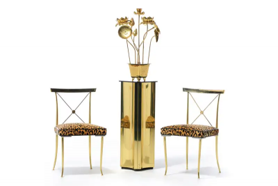 William Billy Haines Pair of Billy Haines Brass Neoclassical Side Chairs in Leopard Velvet Leather