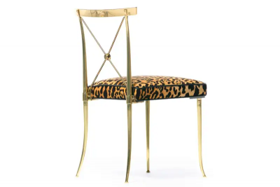 William Billy Haines Pair of Billy Haines Brass Neoclassical Side Chairs in Leopard Velvet Leather
