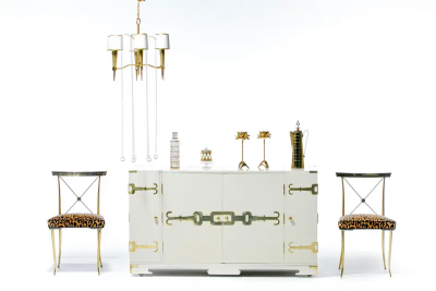 William Billy Haines Pair of Billy Haines Brass Neoclassical Side Chairs in Leopard Velvet Leather