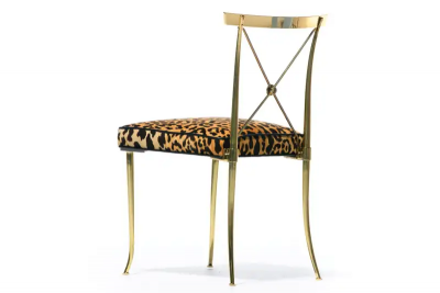 William Billy Haines Pair of Billy Haines Brass Neoclassical Side Chairs in Leopard Velvet Leather