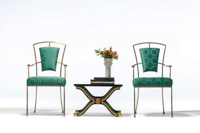 William Billy Haines Pair of Billy Haines Style Hollywood Regency Armchairs in Tony Duquette Fabric