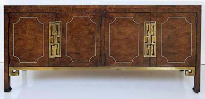 William Doezema 1970s William Doezema Mastercraft Burlwood Brass Credenza Hollywood Regency