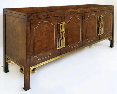 William Doezema 1970s William Doezema Mastercraft Burlwood Brass Credenza Hollywood Regency