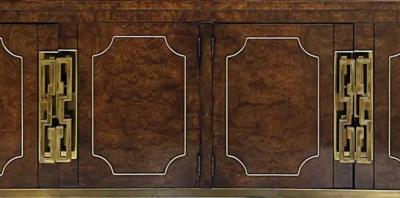 William Doezema 1970s William Doezema Mastercraft Burlwood Brass Credenza Hollywood Regency