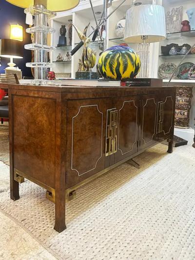 William Doezema 1970s William Doezema Mastercraft Burlwood Brass Credenza Hollywood Regency