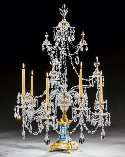 William Parker AN EXCEPTIONAL PAIR OF GEORGE III WEDGWOOD JASPER WARE FIVE LIGHT CANDELABRA