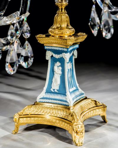 William Parker AN EXCEPTIONAL PAIR OF GEORGE III WEDGWOOD JASPER WARE FIVE LIGHT CANDELABRA