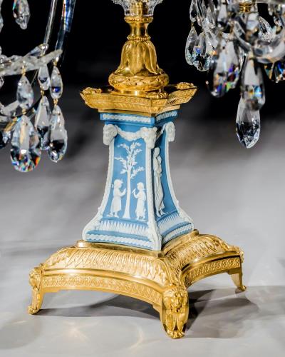 William Parker AN EXCEPTIONAL PAIR OF GEORGE III WEDGWOOD JASPER WARE FIVE LIGHT CANDELABRA