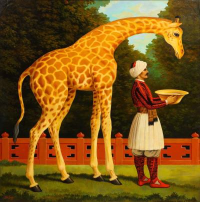 William Skilling William Skilling American British 1862 1964 Giraffe Attendant Oil Painting