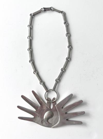 William Spratling Mexican Modern Silver Necklace with Large Hand Pendent William Spratling
