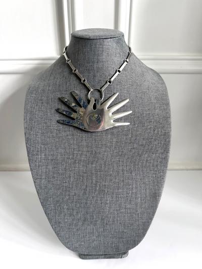 William Spratling Mexican Modern Silver Necklace with Large Hand Pendent William Spratling