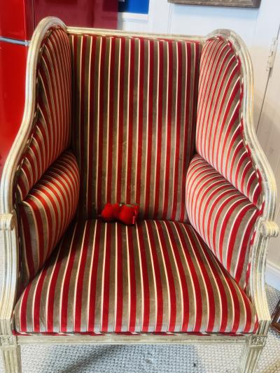 William Switzer OPULENT LARGE RED SILVER STRIPED VELVET SILVER LEAFED WOOD FRAME WING CHAIR