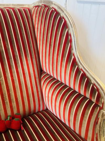 William Switzer OPULENT LARGE RED SILVER STRIPED VELVET SILVER LEAFED WOOD FRAME WING CHAIR