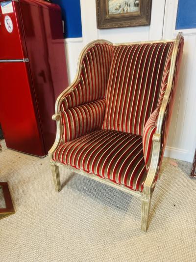 William Switzer OPULENT LARGE RED SILVER STRIPED VELVET SILVER LEAFED WOOD FRAME WING CHAIR