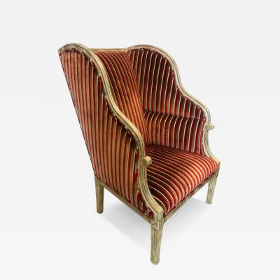 William Switzer OPULENT LARGE RED SILVER STRIPED VELVET SILVER LEAFED WOOD FRAME WING CHAIR