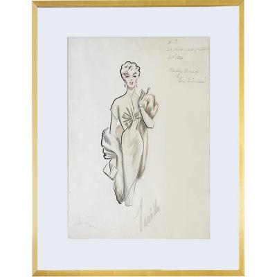 William Travilla Original Marilyn Monroe Costume Sketch by Travilla