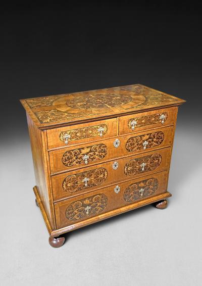 William and Mary Period Marquetry Inlaid Walnut Chest of Drawers