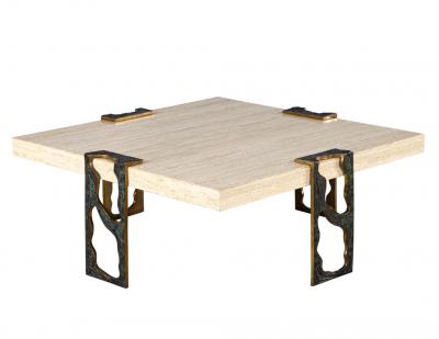 Willy Ceysens Vintage Travertine Cocktail Table with Bronze Accents by Willy Ceysens