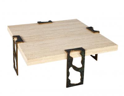 Willy Ceysens Vintage Travertine Cocktail Table with Bronze Accents by Willy Ceysens