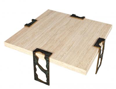 Willy Ceysens Vintage Travertine Cocktail Table with Bronze Accents by Willy Ceysens
