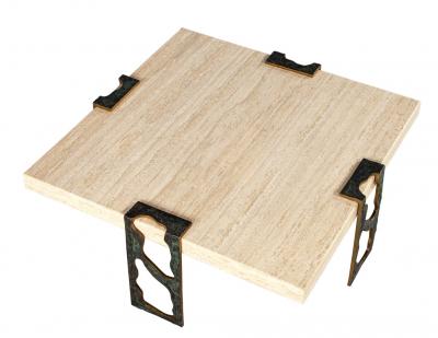 Willy Ceysens Vintage Travertine Cocktail Table with Bronze Accents by Willy Ceysens