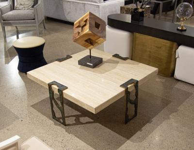 Willy Ceysens Vintage Travertine Cocktail Table with Bronze Accents by Willy Ceysens