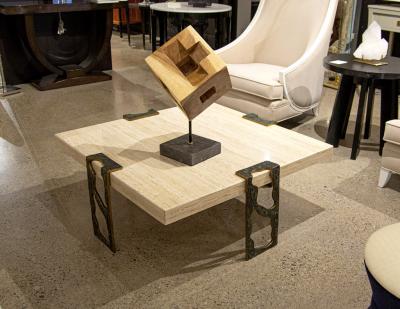 Willy Ceysens Vintage Travertine Cocktail Table with Bronze Accents by Willy Ceysens