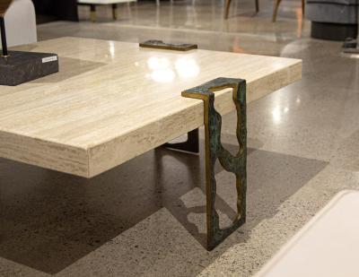 Willy Ceysens Vintage Travertine Cocktail Table with Bronze Accents by Willy Ceysens