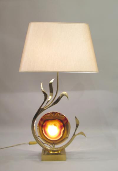 Willy Daro Lamp in brass and agate slice by Willy Daro Brussels Belgium circa 1970