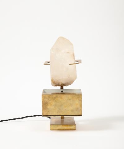 Willy Daro Patinated Brass and Rose Quartz Table Lamp in the Manner of Willy Daro