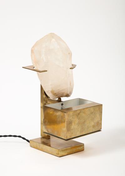 Willy Daro Patinated Brass and Rose Quartz Table Lamp in the Manner of Willy Daro