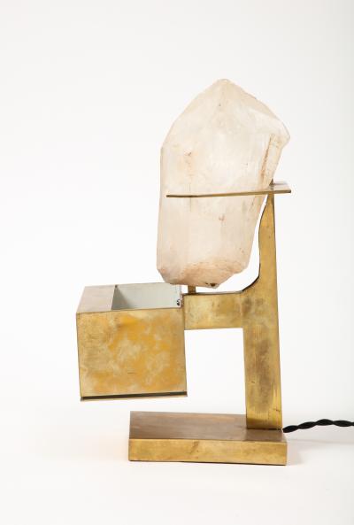Willy Daro Patinated Brass and Rose Quartz Table Lamp in the Manner of Willy Daro