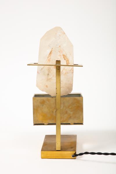 Willy Daro Patinated Brass and Rose Quartz Table Lamp in the Manner of Willy Daro
