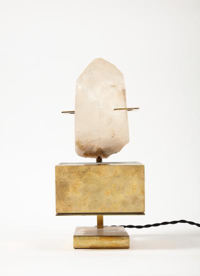 Willy Daro Patinated Brass and Rose Quartz Table Lamp in the Manner of Willy Daro