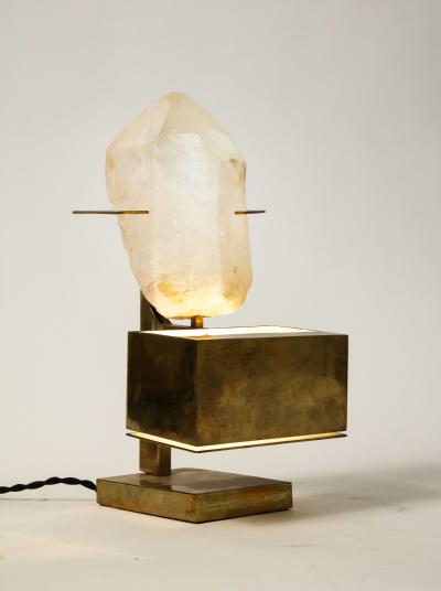 Willy Daro Patinated Brass and Rose Quartz Table Lamp in the Manner of Willy Daro